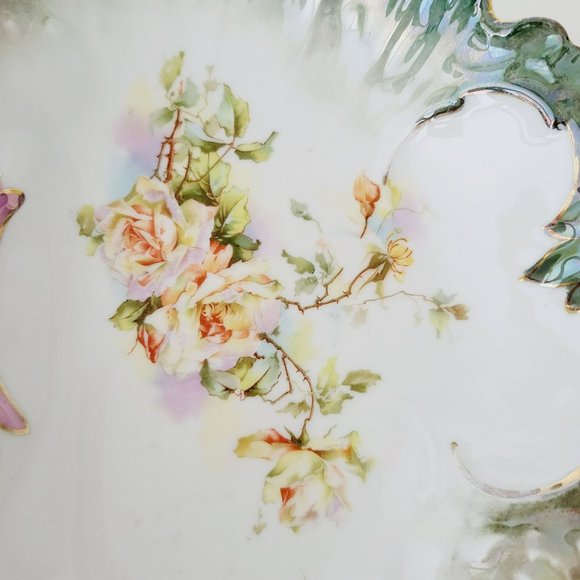 Vintage Victorian Dual Serving Centerpiece Bowl Yellow Rose Green Edge Gold Trim - Picture 4 of 16